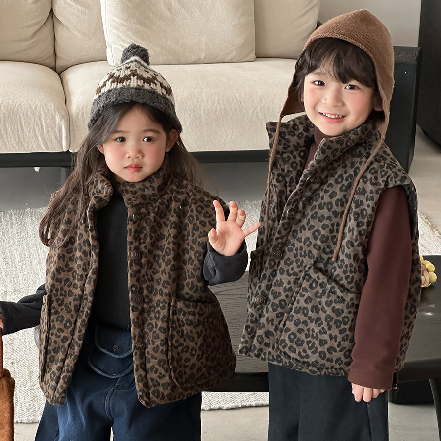 Toddler Boy Winter Fleece Jacket - Kids Leopard Print Padded Vest Winter