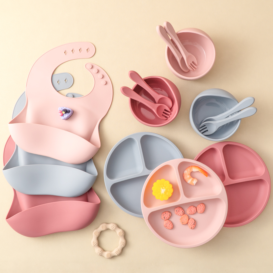 Waterproof Baby Bibs Silicone - 5Pcs Baby Silicone Feeding Set Round