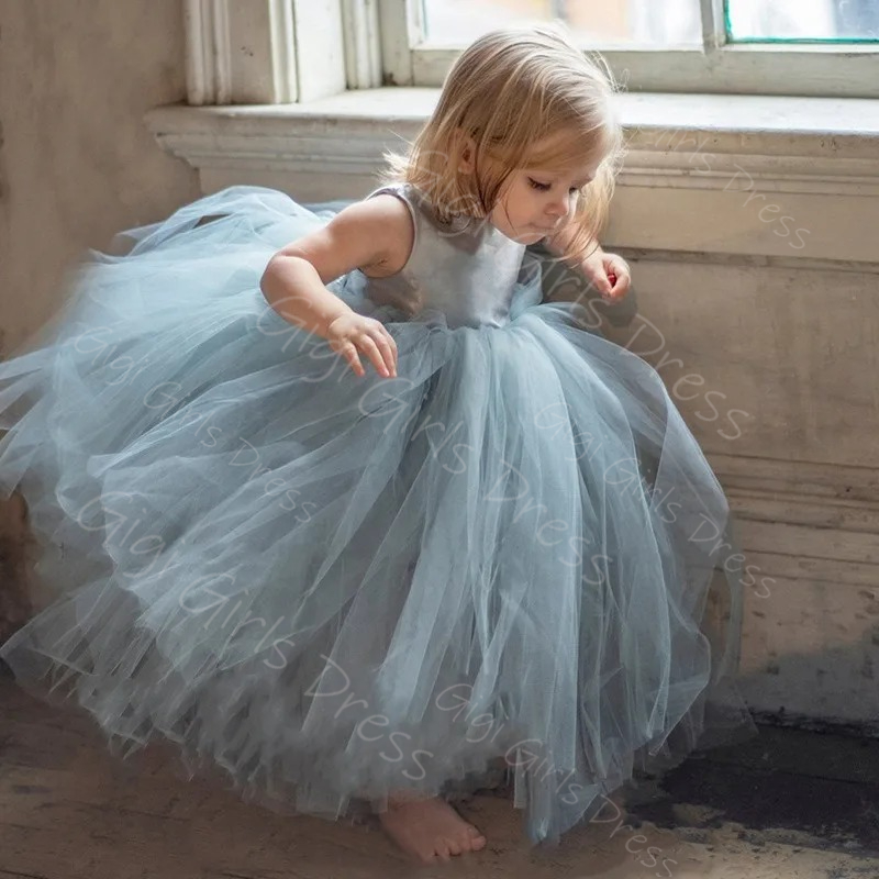 Toddler Girl Tulle Party Dress - Blue Flower Girl Dress for Wedding
