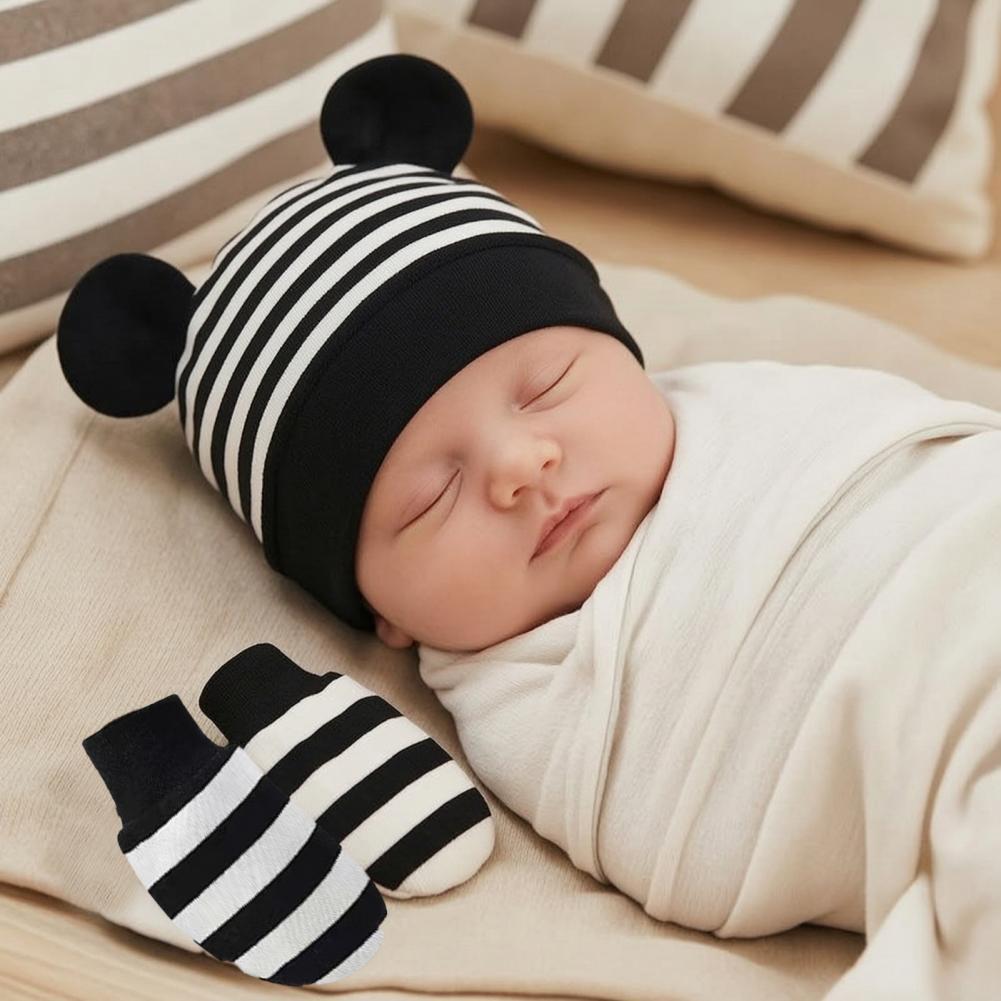 Infant Beanie Hat With Ears - Baby Scratch Mittens Booties Newborn Baby