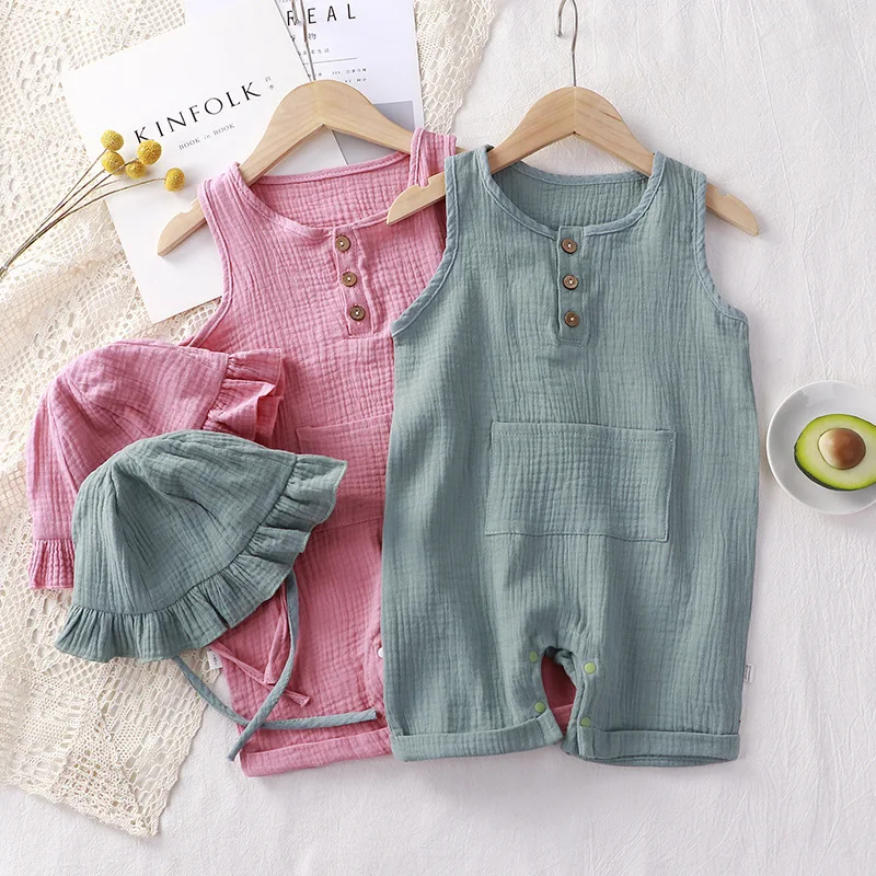 Baby Summer Linen Sleeveless Jumpsuit - 2Pcs/Set Baby Summer Clothing Solid Newborn
