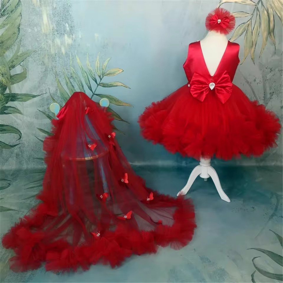 Customized Red Flower Girl Dre - Toddler Girl Tulle Party Dress ulasan dan harga